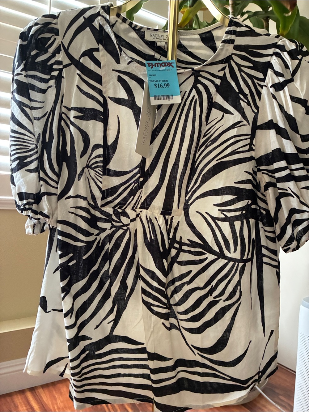 Rachel Zoe Black & White Tropical-Print Puff Sleeve Top